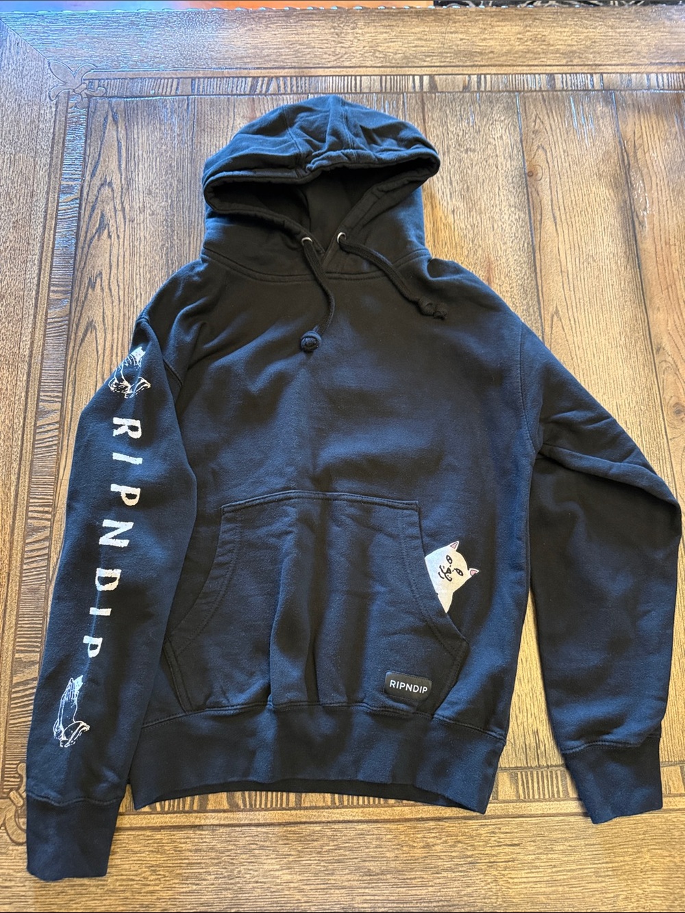 Ripndip Black Hoodie with Peeking Cat & Sleeve Logo